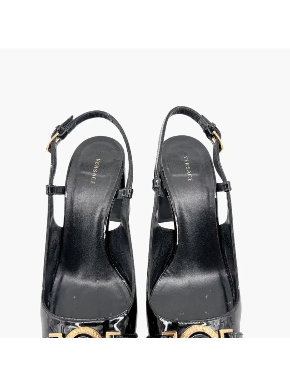Versace Medusa Slingback Pumps Size 37 US 7 Black Patent Leather Block Heel